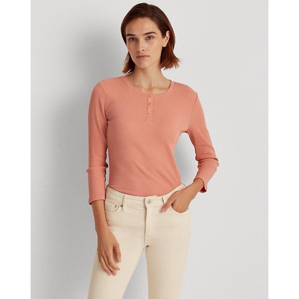Lauren Ralph Lauren Pink Ribbed Fitted Henley Top Women L Stretch Slinky 3/4 Sle